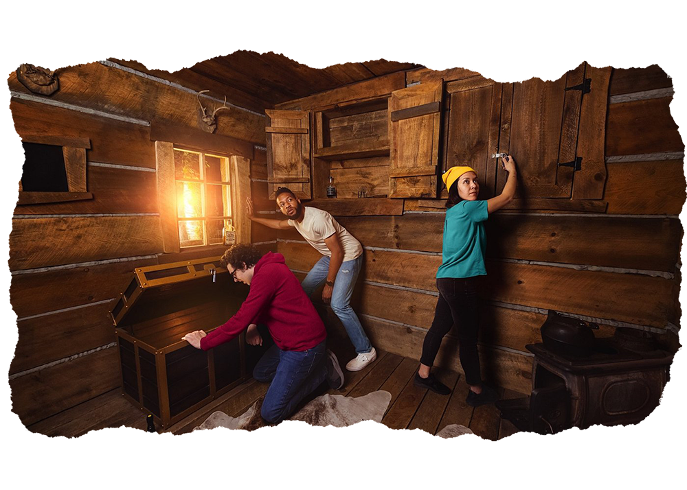 A disressed photo of 4 people in an escape room.